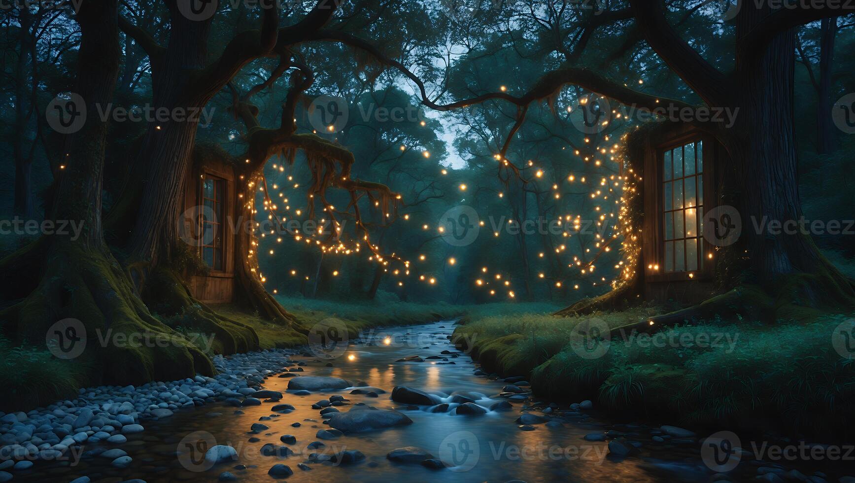 Magical Forest Stream with Light String and Window photo