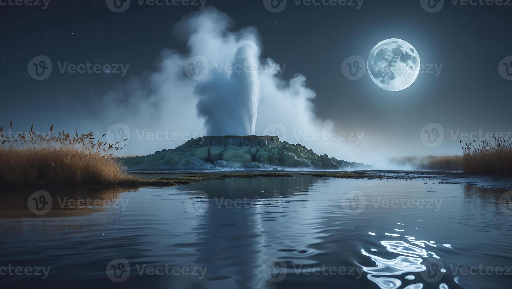 Geyser Erupts Under Moonlight Near Water photo