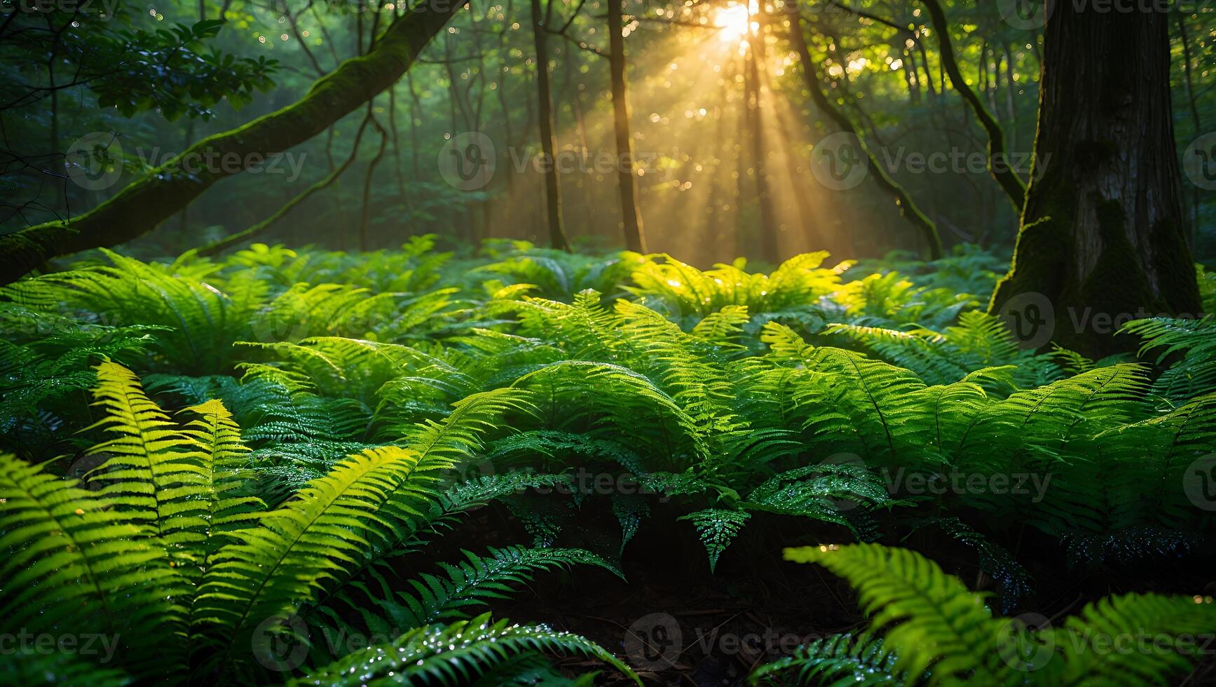 Ferns in Forest with Sunlight - Green Plants in Natural Environment photo