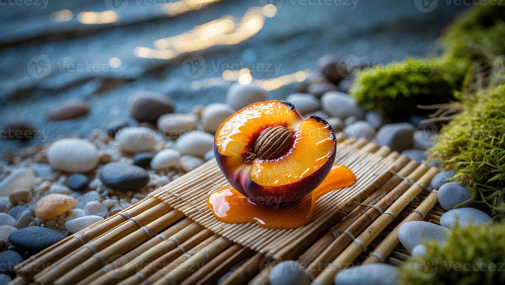 Half Plum on Bamboo Mat by Water photo