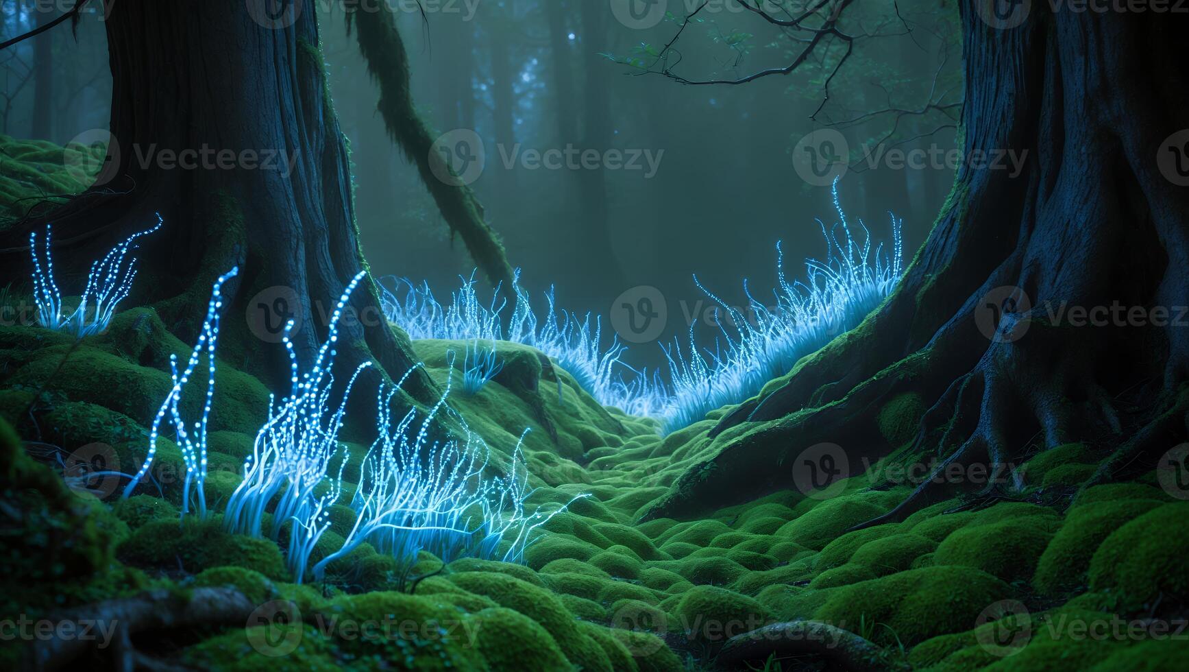 Moss Forest with Glowing Plants in Enchanted Landscape photo
