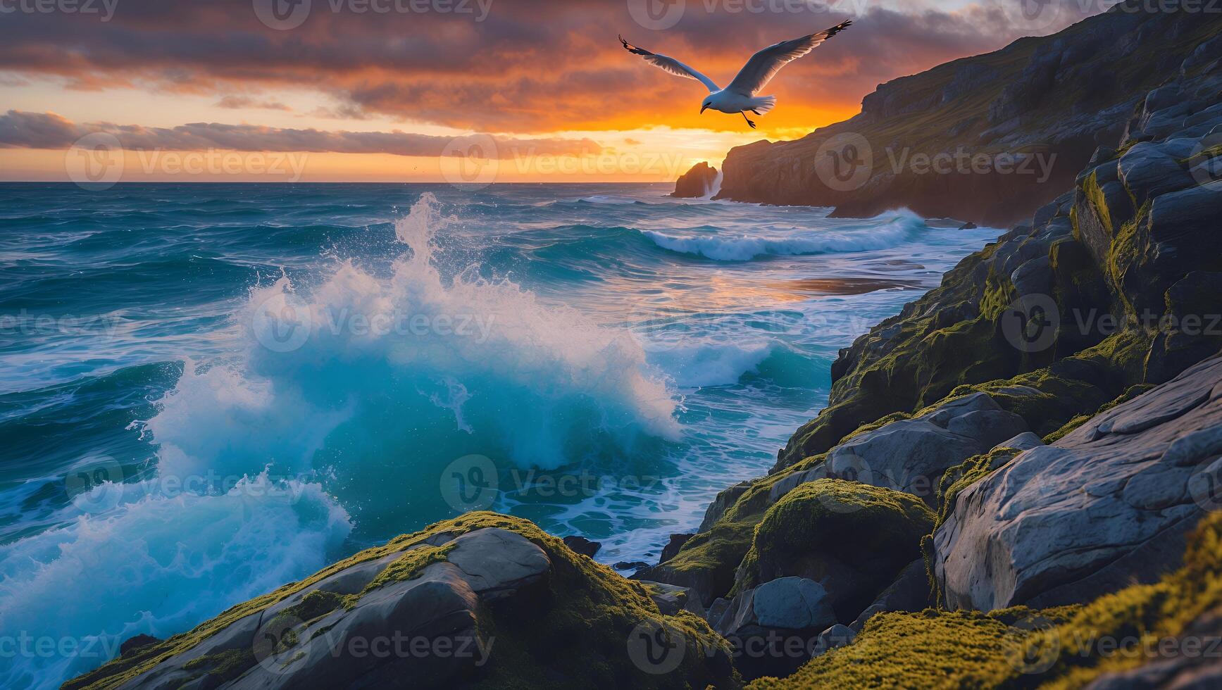 Seagull Flying Over Ocean Wave and Rocky Coast at Sunset photo