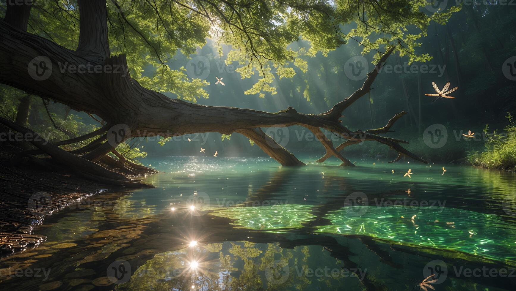 Tranquil River Scene with Fallen Tree and Sunlight photo