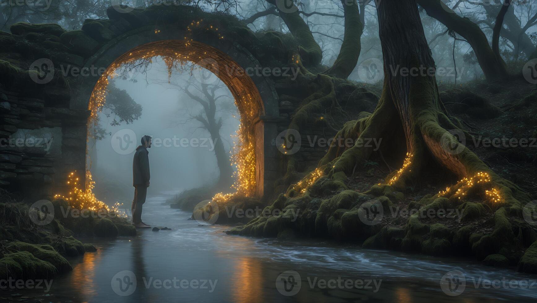 Man Stands Near Illuminated Arch in Foggy Forest Scene photo