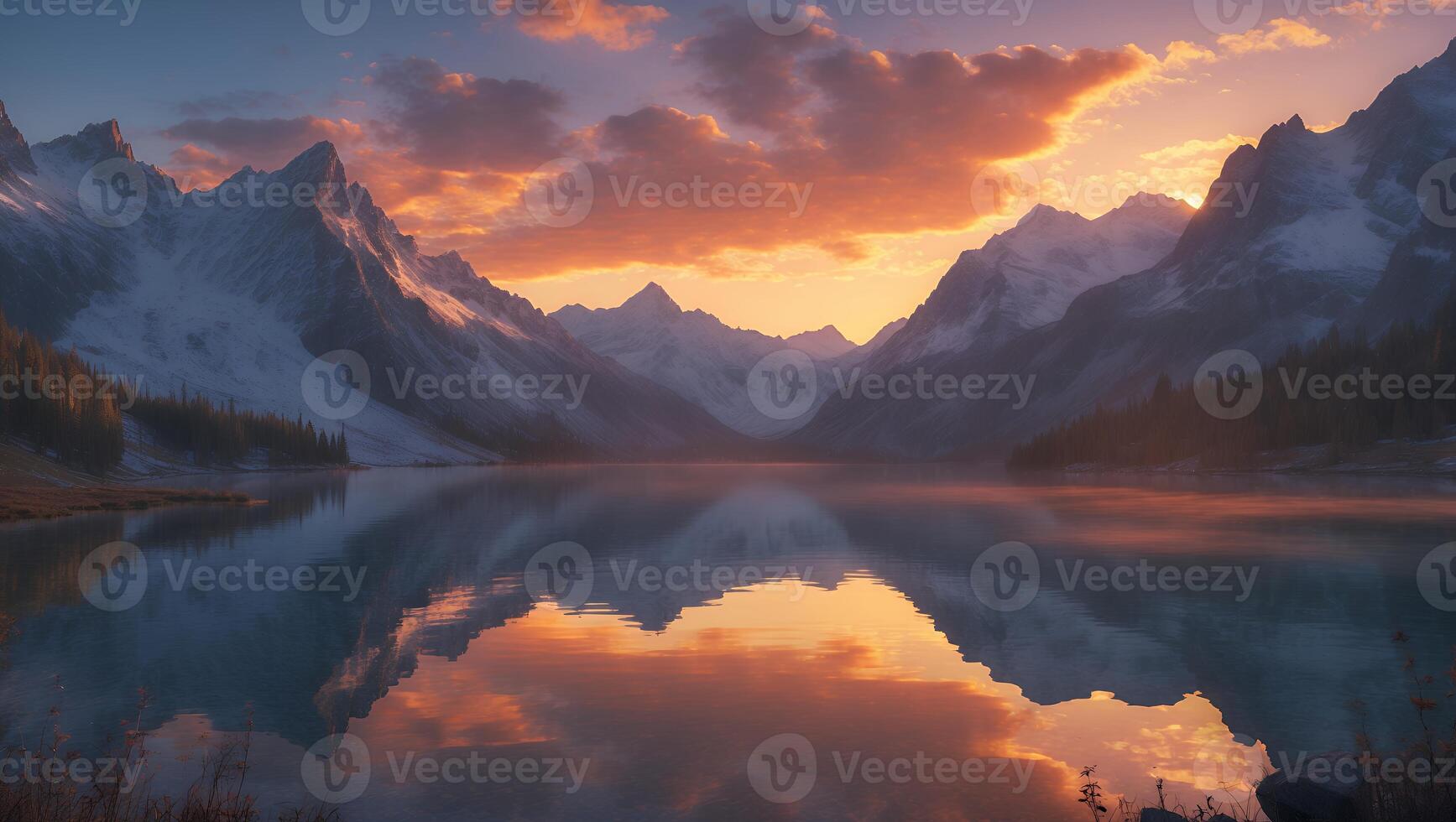 Mountain View Reflecting on Lake at Sunrise photo