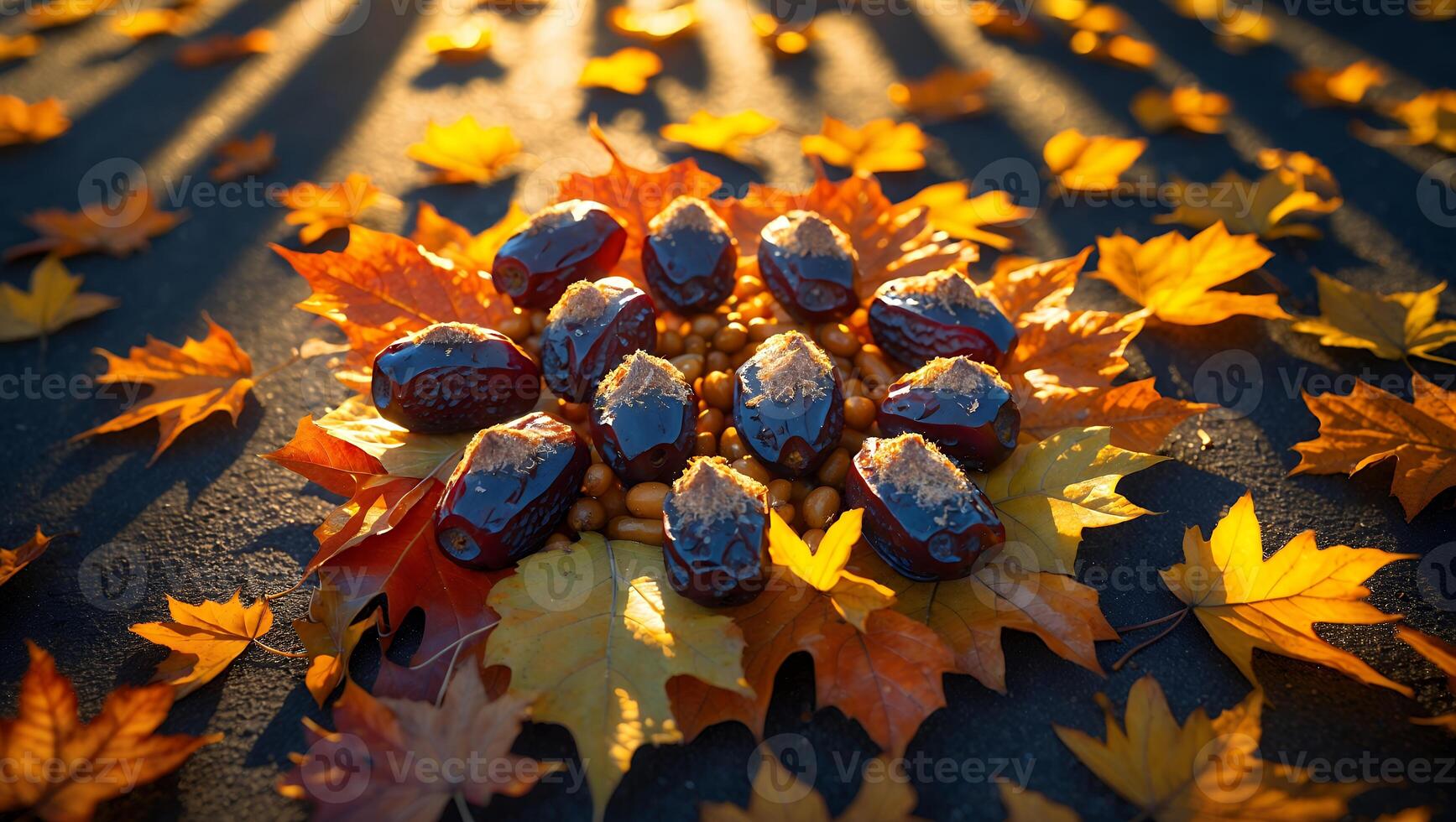 Dates and Acorn on Maple Leaf in Autumn Setting photo