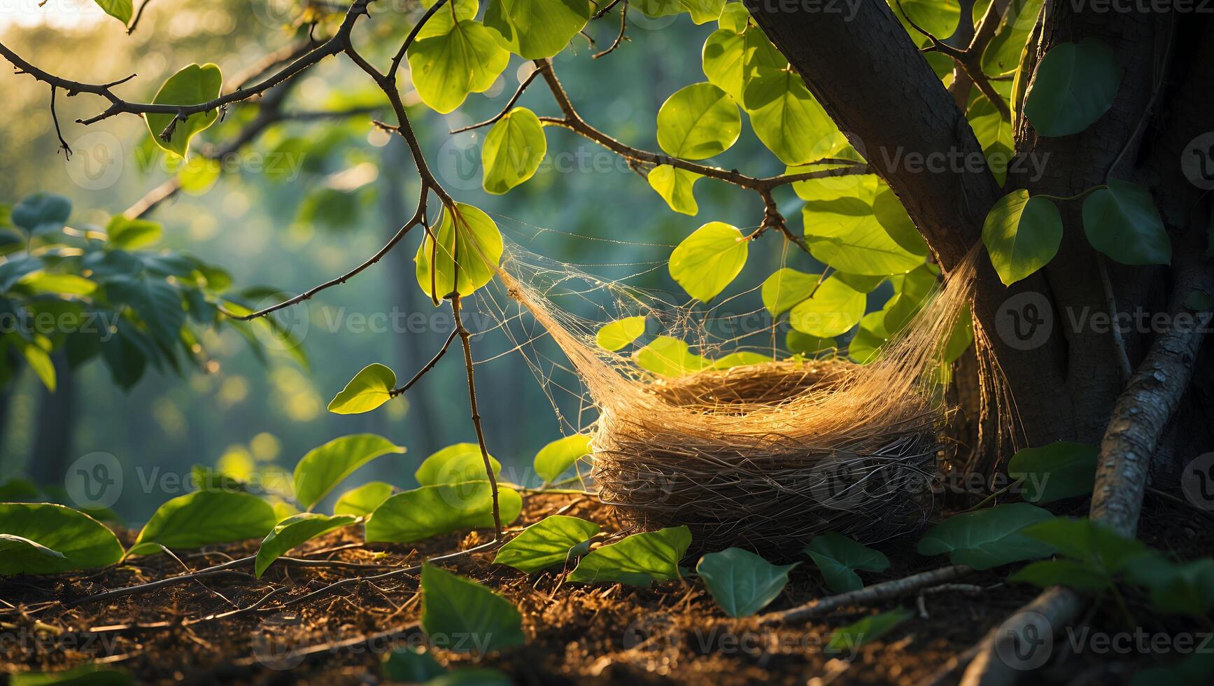 Bird Nest in Tree with Leaves and Spiderweb photo
