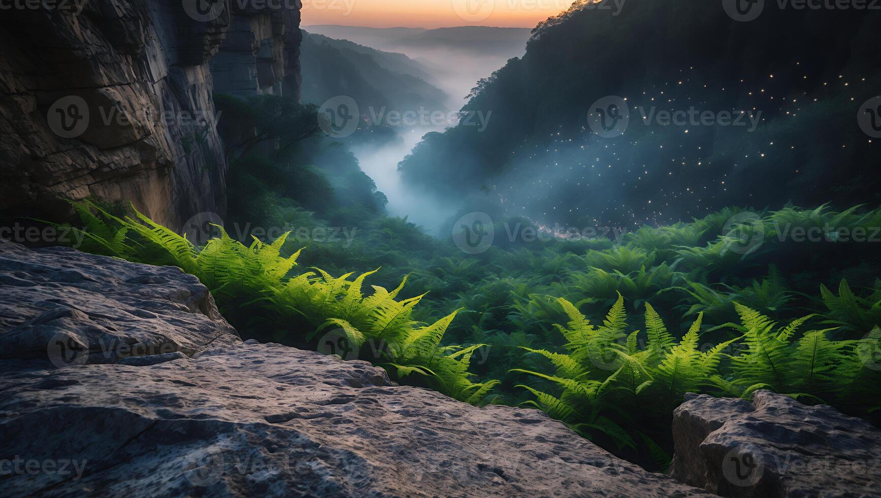 Mountain Cliff with Ferns and Fog Landscape photo