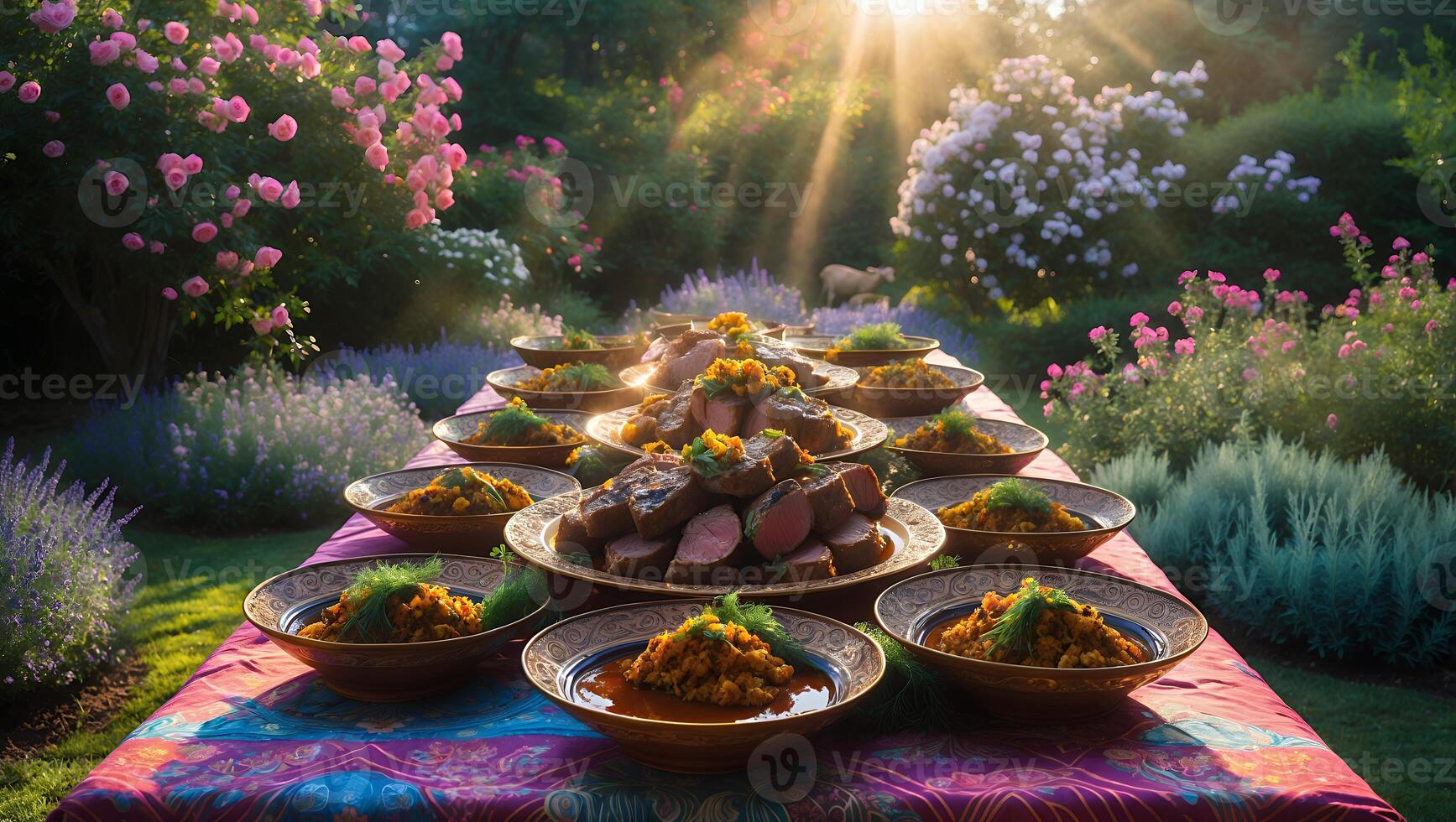 Prepared Meat and Side Dishes Arranged Outdoors on Table photo