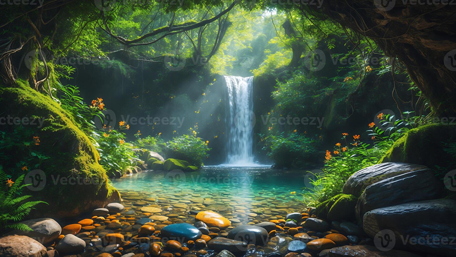 Waterfall Cascading Into Pool in Vibrant Green Forest photo