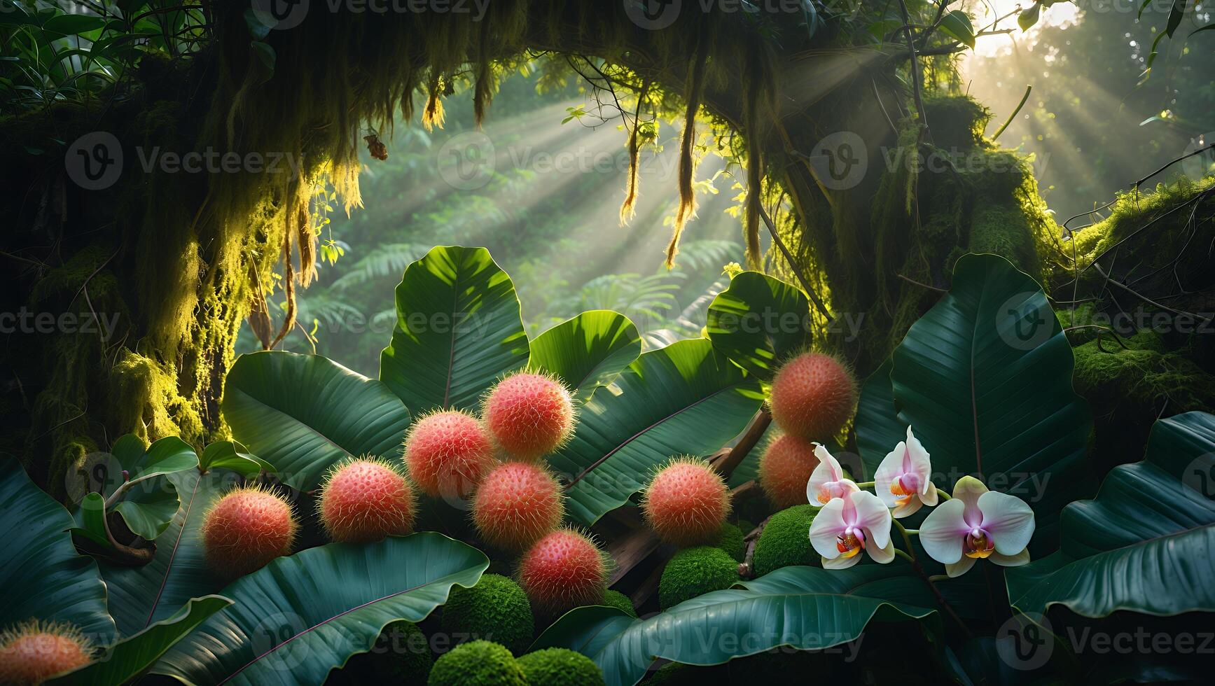 Rambutan Fruit in Tropical Forest with Orchids and Sun Rays photo