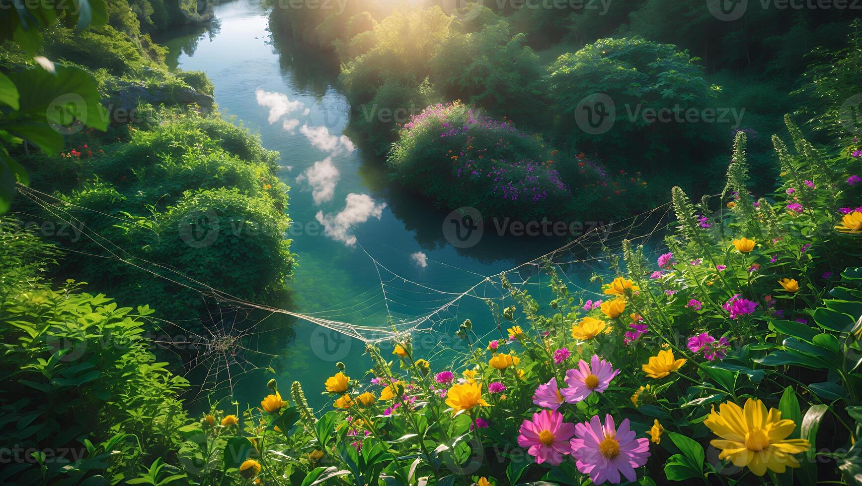 River with Flowers and Spiderweb in Natural Light photo