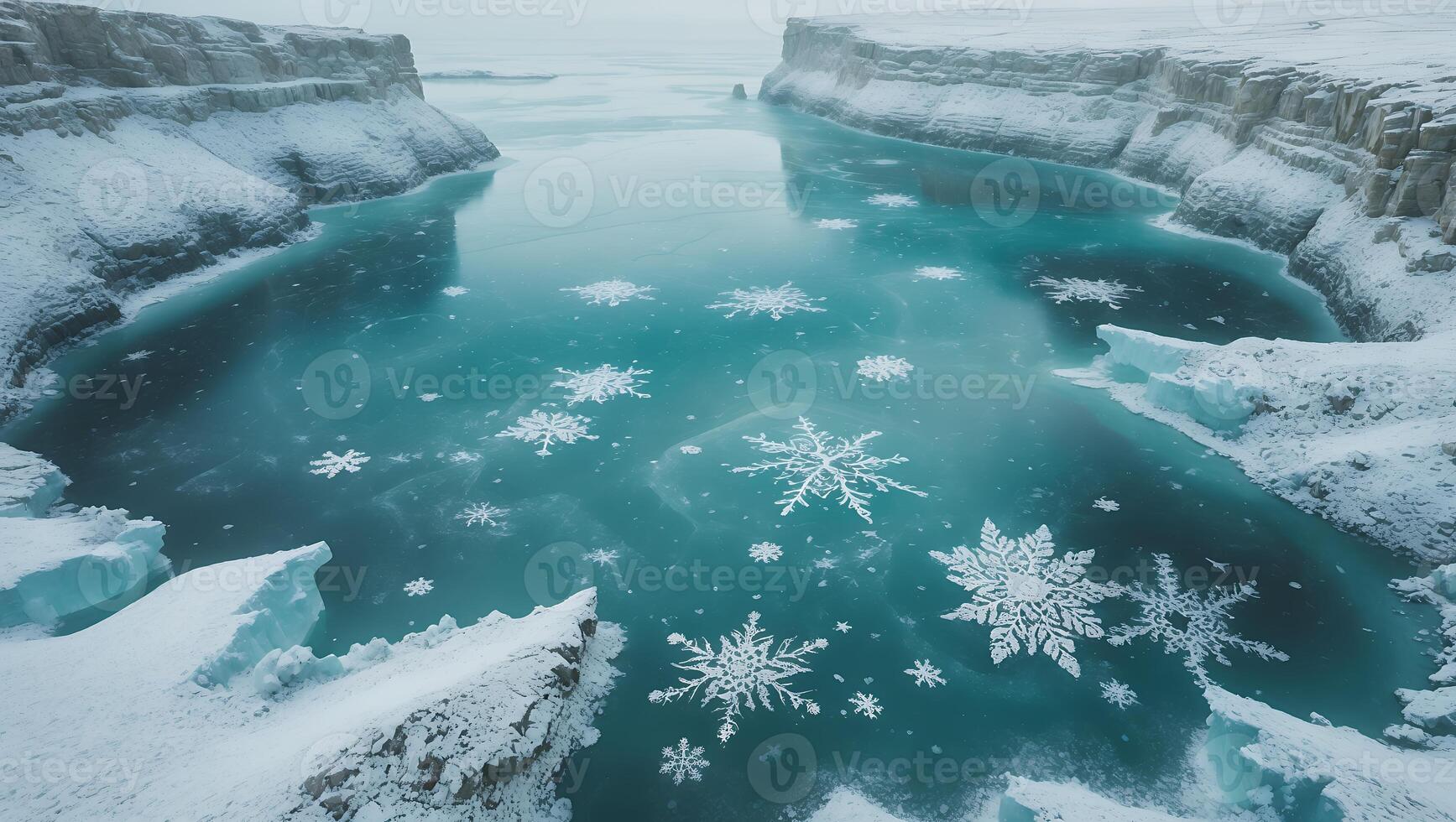 Snowflake Covered Turquoise Lake Among Snowy Cliffs photo