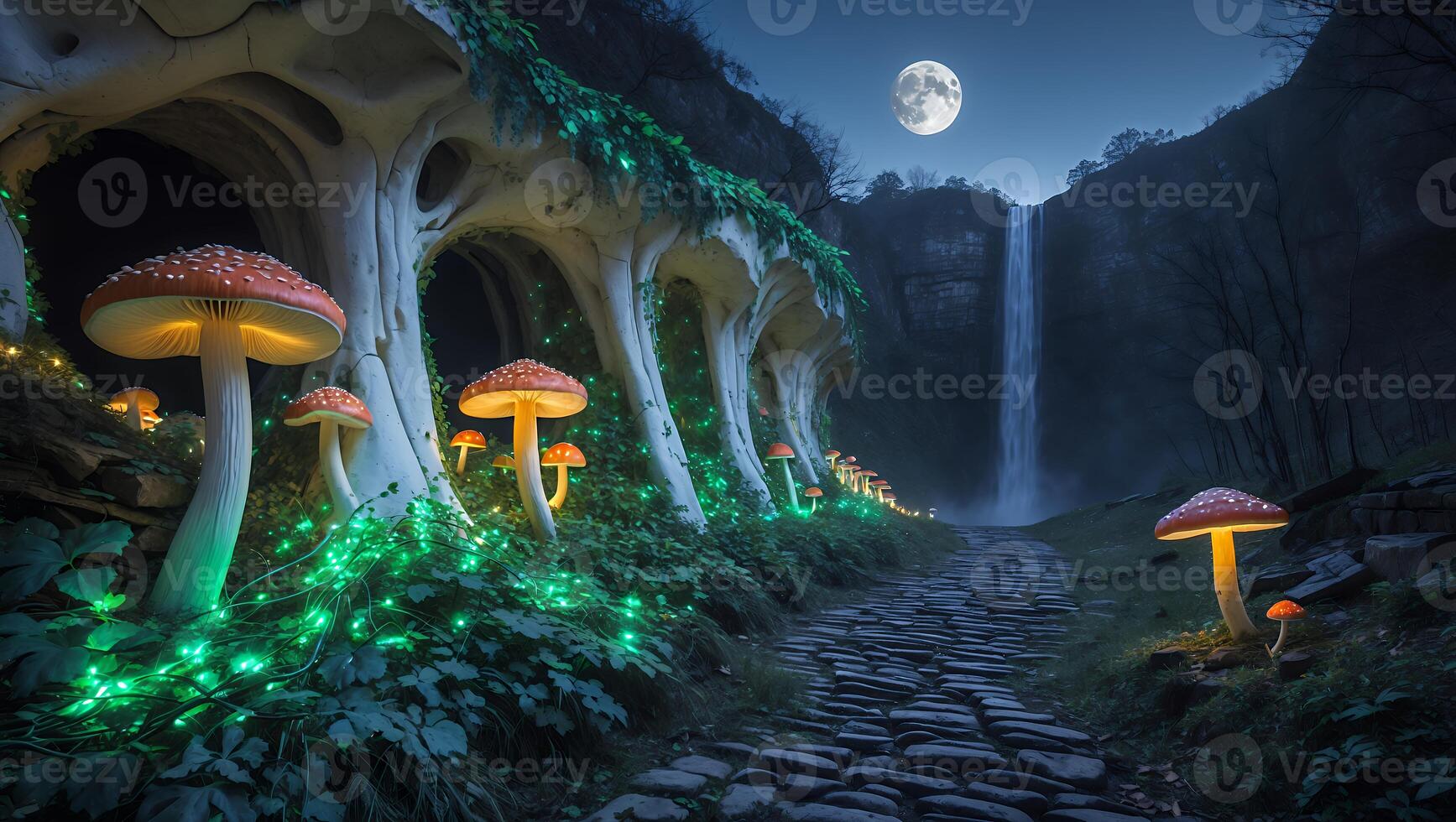 Glowing Mushroom by Waterfall Under the Moon Lit Night photo