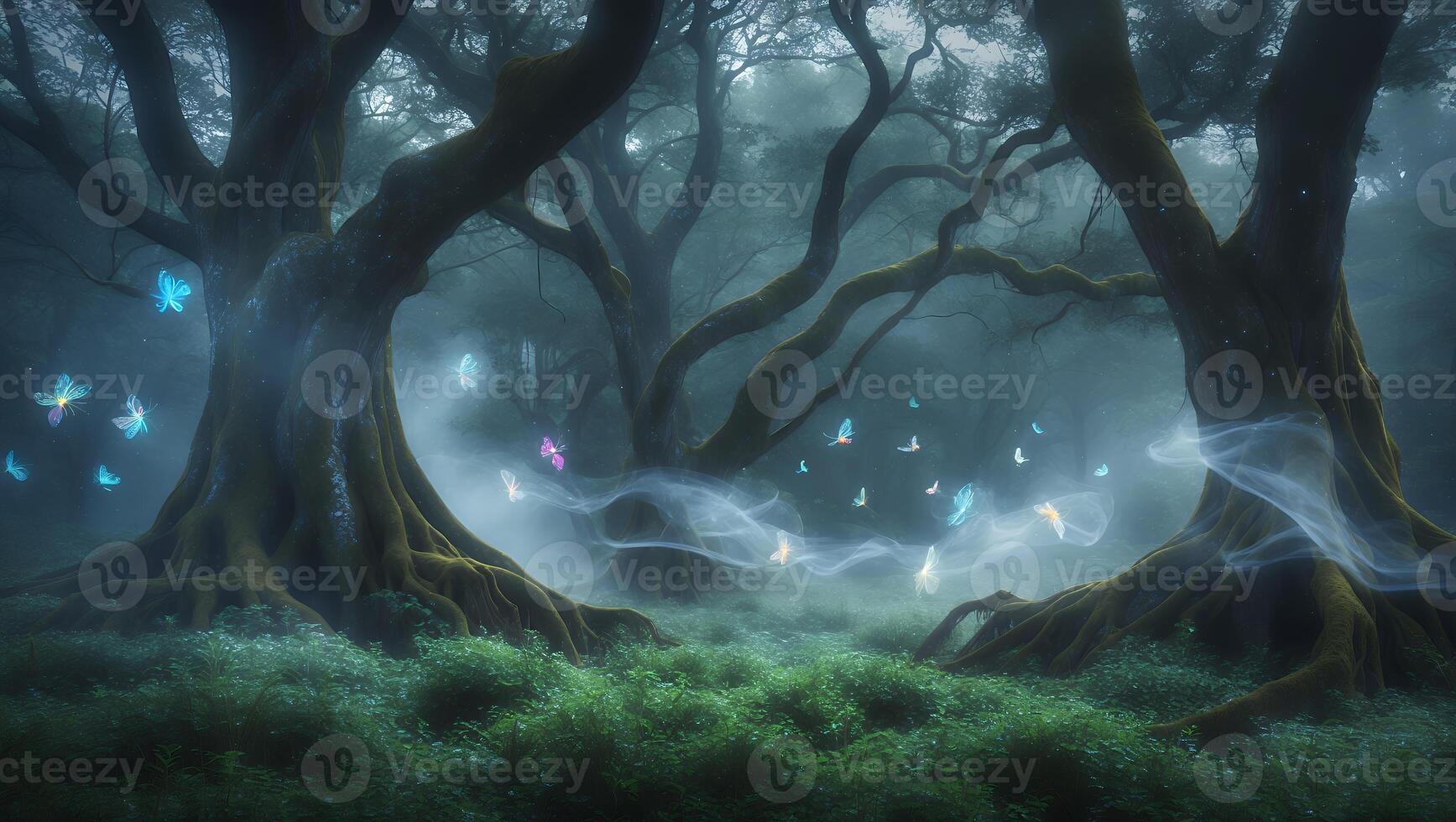 Mystical Forest with Butterflies and Ethereal Light photo