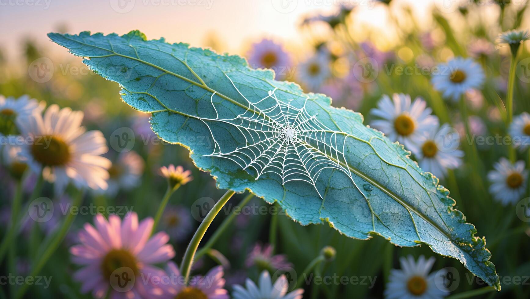 Leaf with Spiderweb in Field of Daisies at Sunrise photo