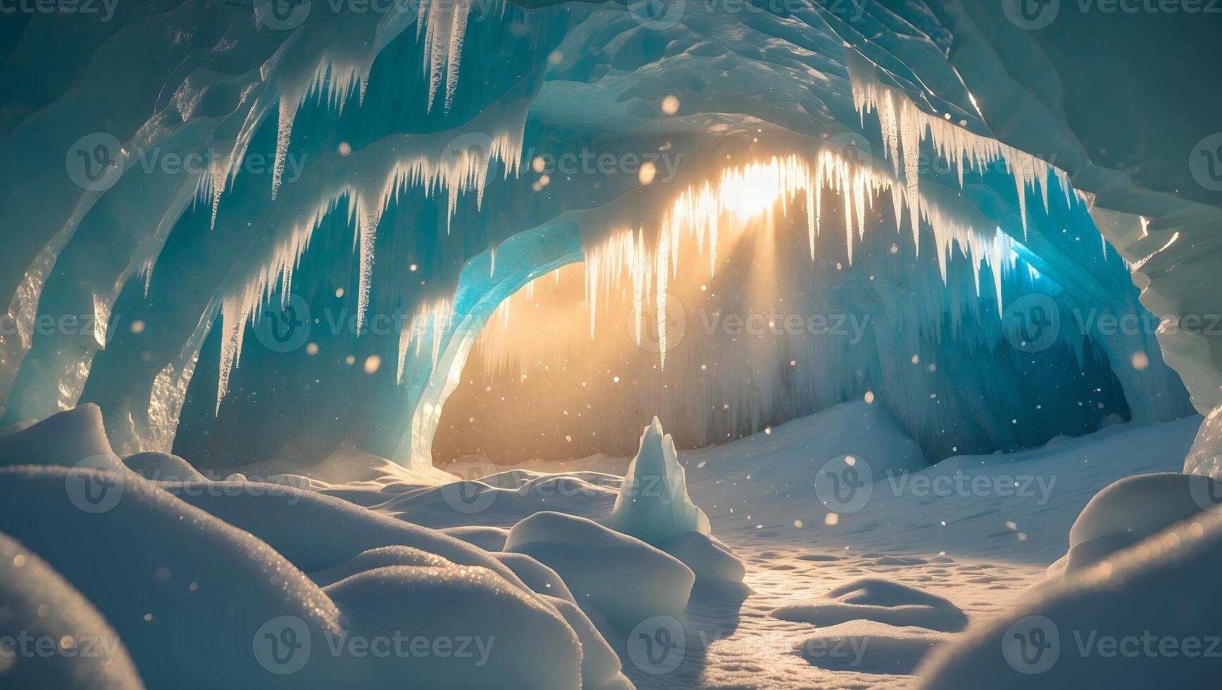 Ice Cave with Icicles and Light Beam on Snow During Winter photo