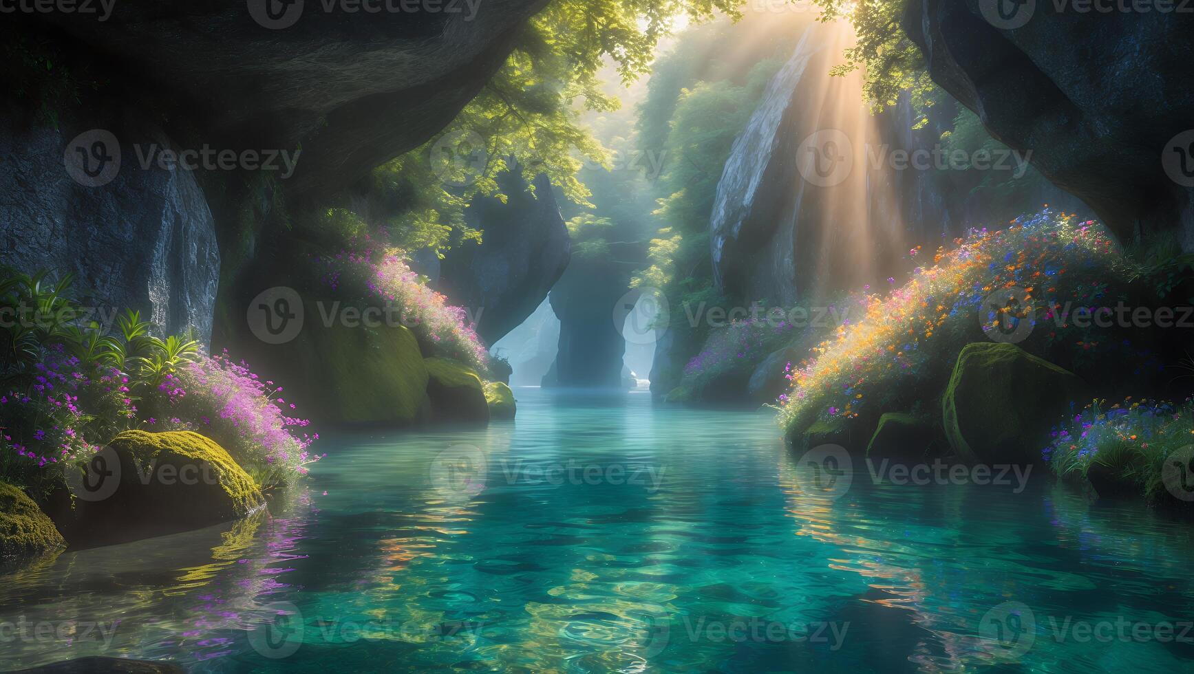 River Flows Through Beautiful Canyon with Flowers and Sunlight photo