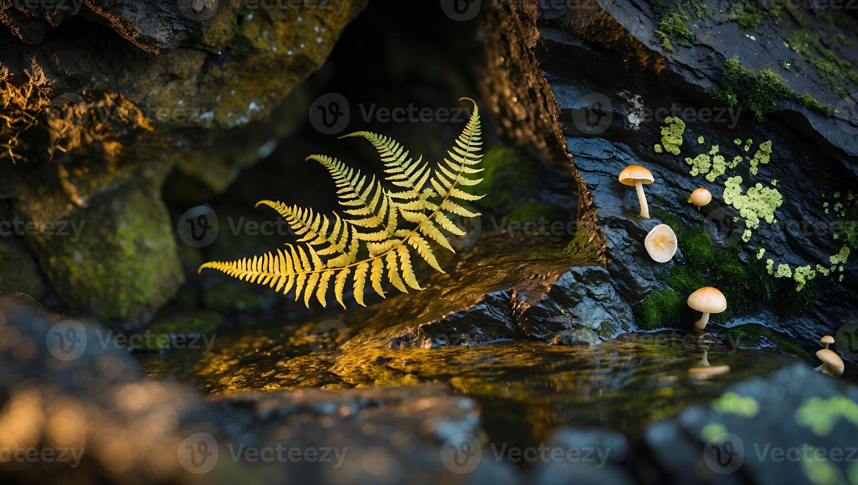 Fern and Mushrooms in Rocky Landscape photo
