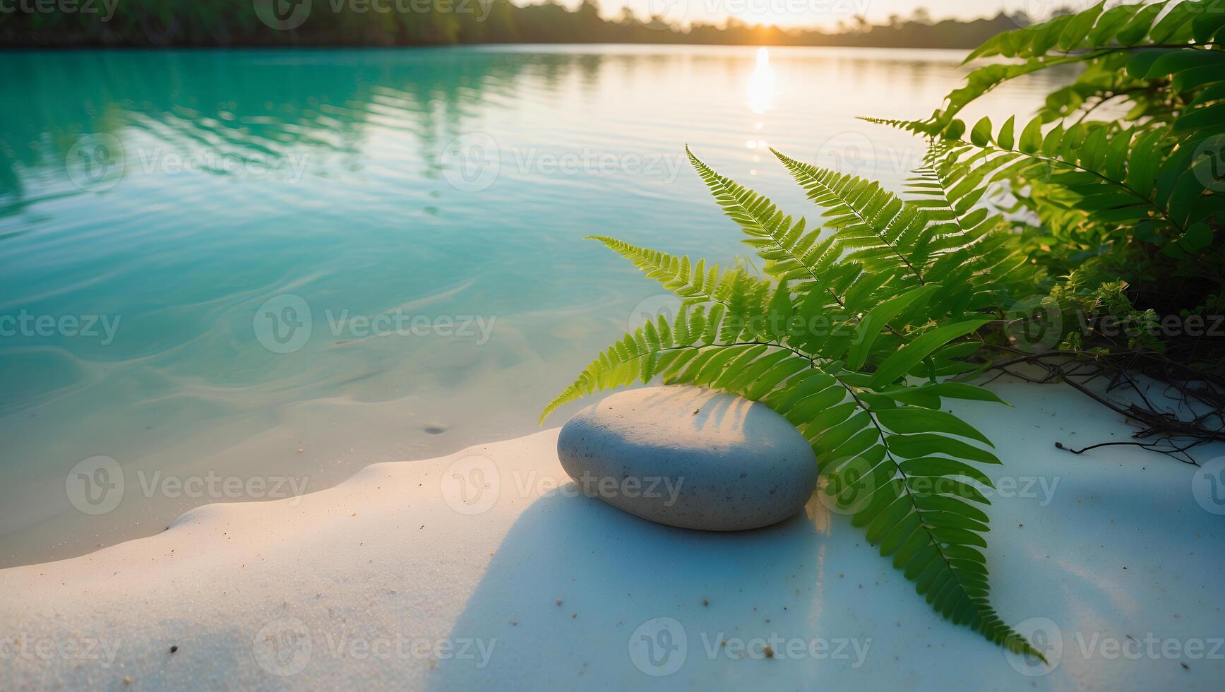 Pebble and Fern on Beach by Turquoise Lake photo
