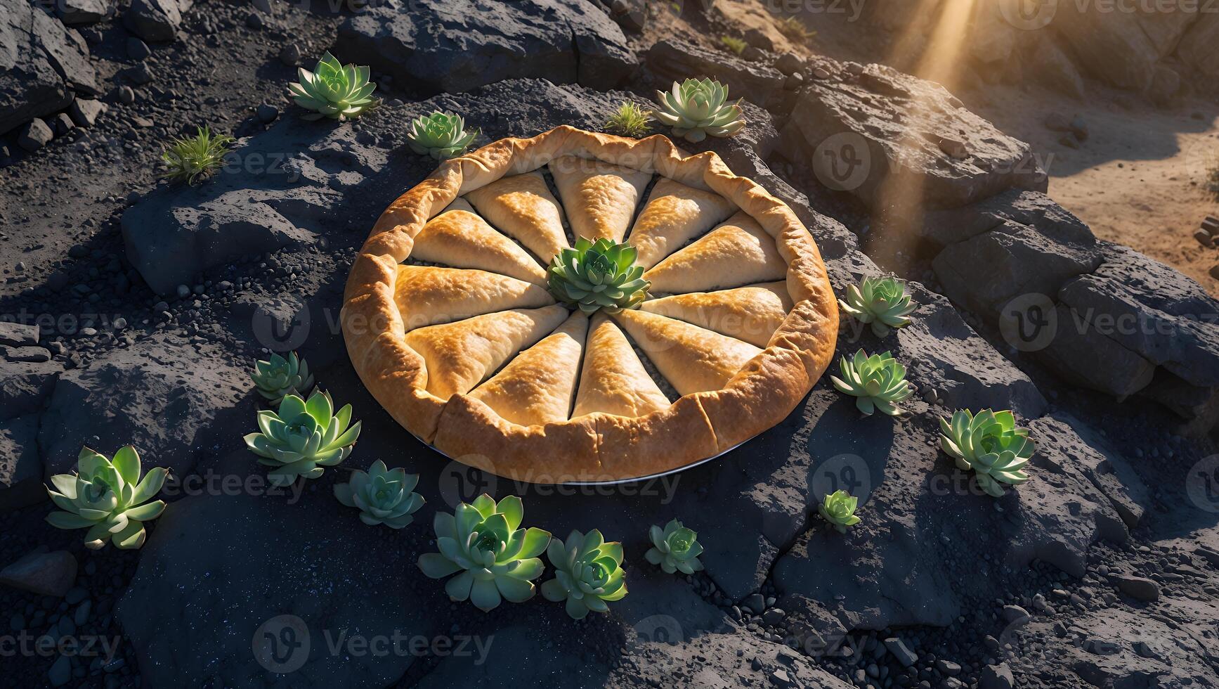 Large Pie Sits Among Succulent Plants and Rocks photo