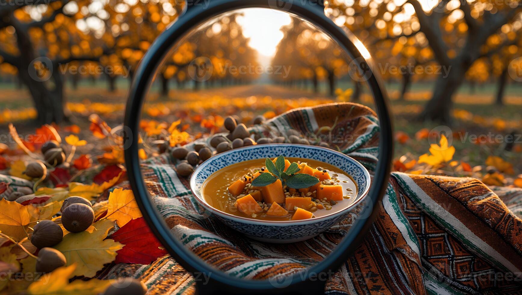 Pumpkin Soup with Leaves on Blanket in Orchard photo