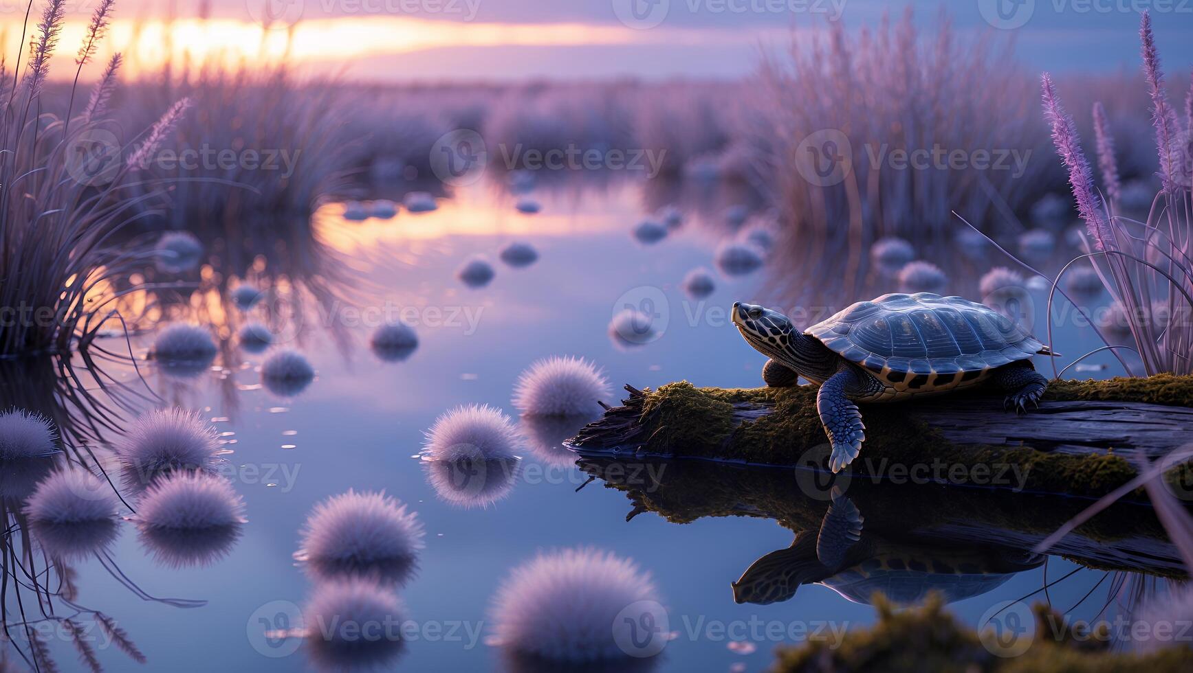 Turtle on Log in Water Lilies at Dusk photo