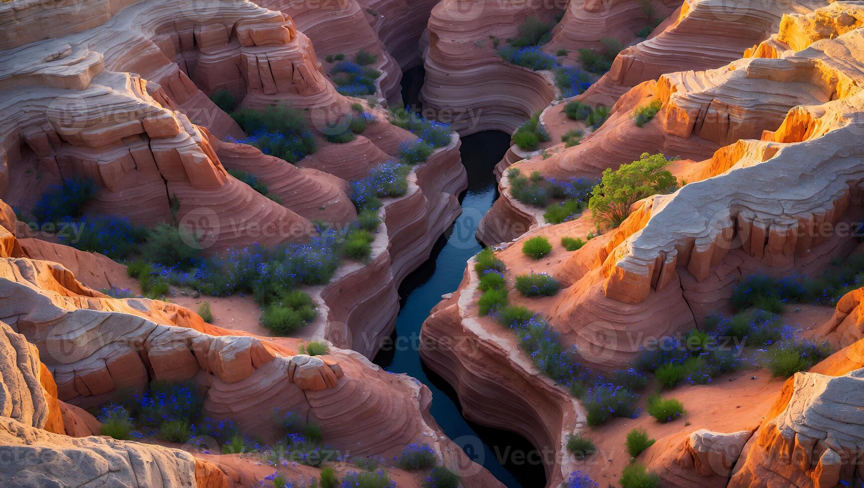 Canyon with River and Small Flowers in a Scenic View photo