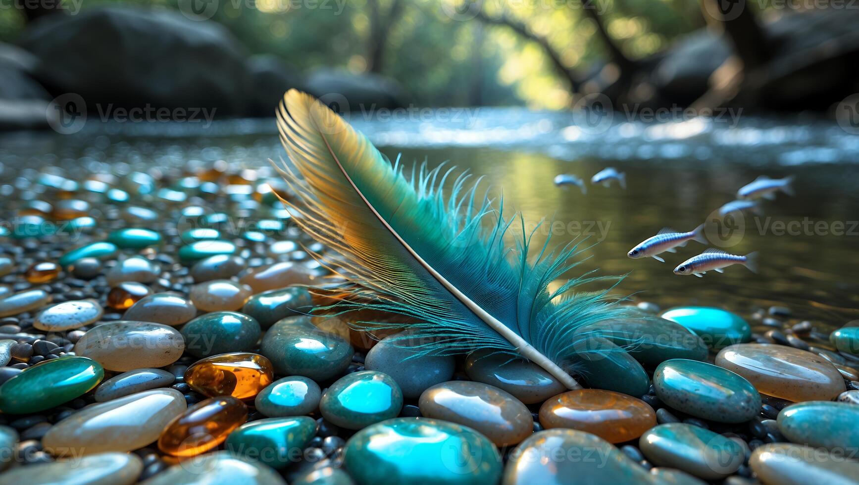 Feather Resting on Pebbles by a Stream photo