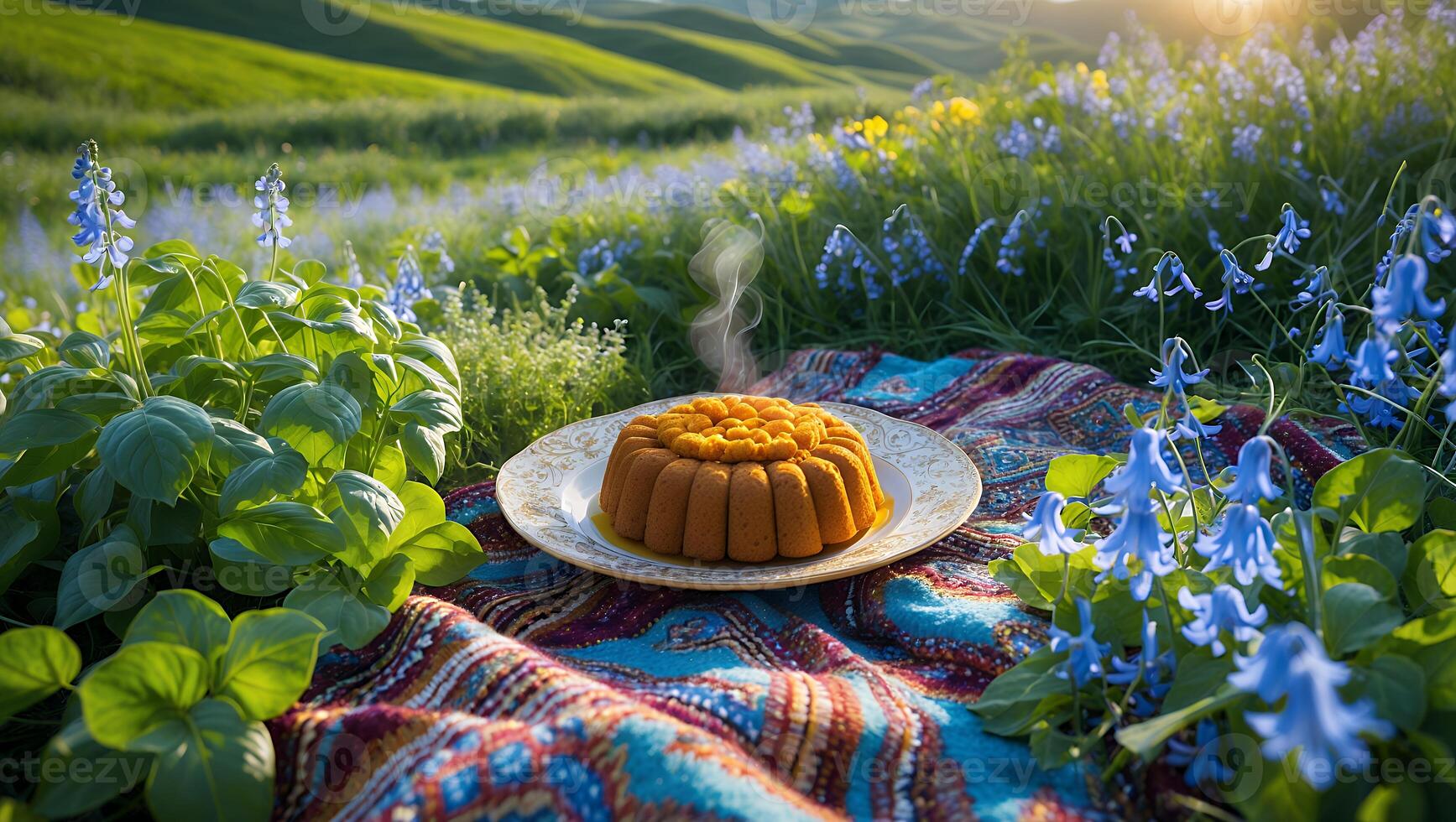 Baked Dessert in Field of Bluebell Flowers photo