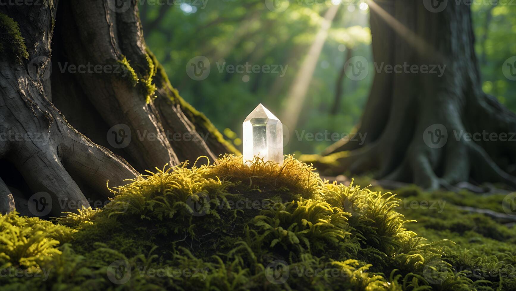 Crystal Point on Moss in Forest with Sun Rays photo