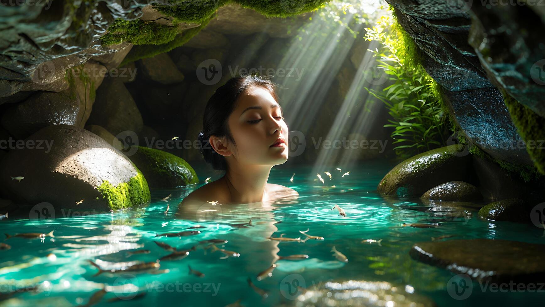 Woman Bathing in Natural Pool with Fish photo