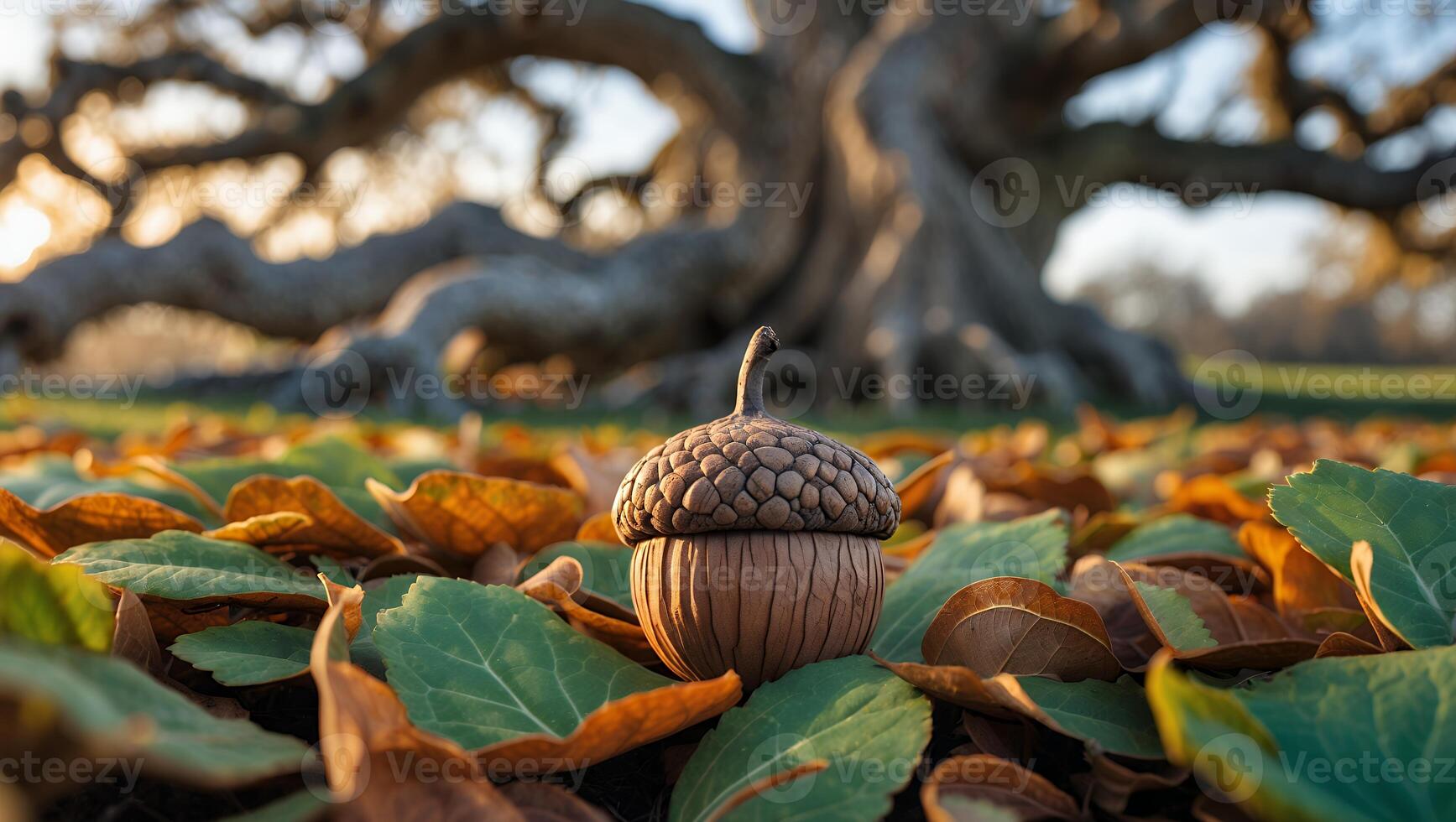 Acorn on Leaves with Tree in Background photo