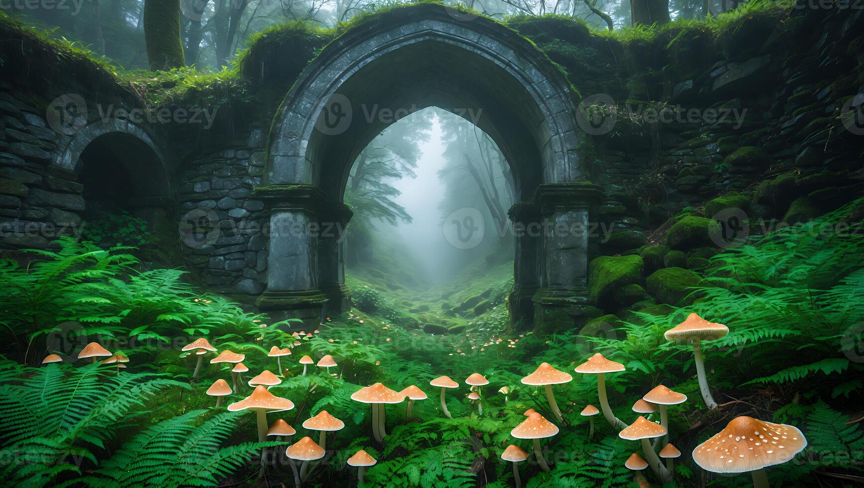Mushroom and Stone Archway in Forest Landscape photo