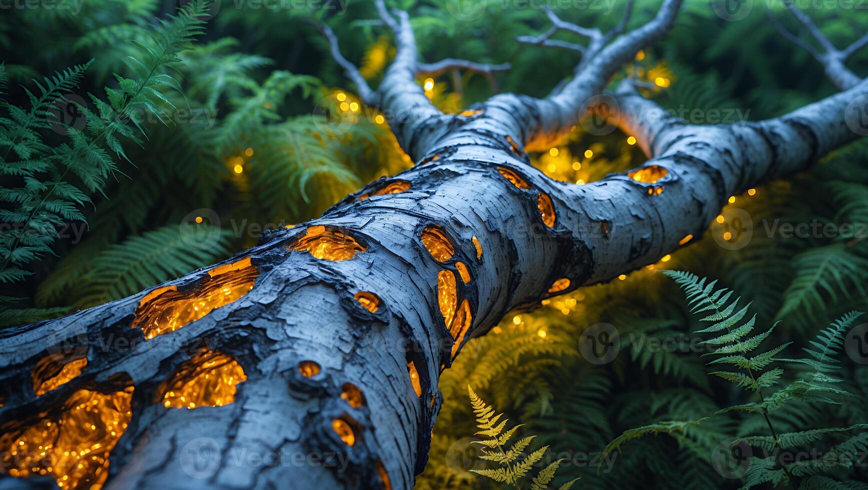 Glowing Tree Trunk in Lush Fern Forest photo