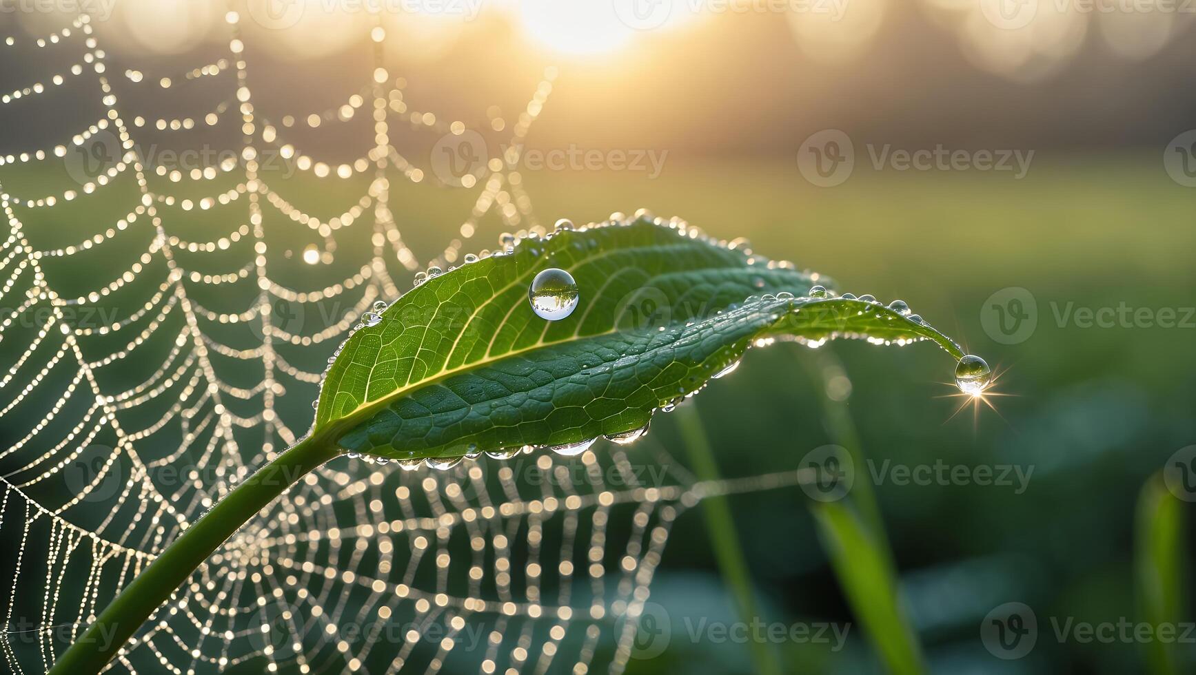 Dew Drop on Leaf and Spider Web at Sunrise photo