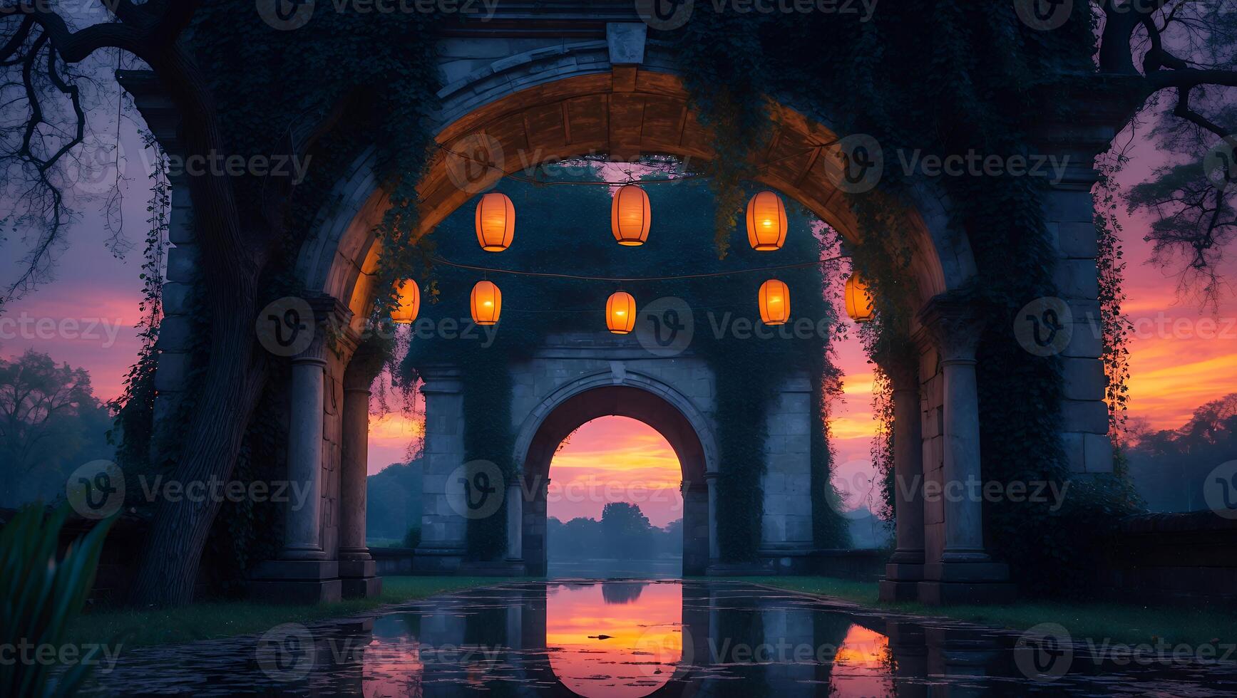 Stone Archway at Dusk with Hanging Lanterns and Pool Reflection photo