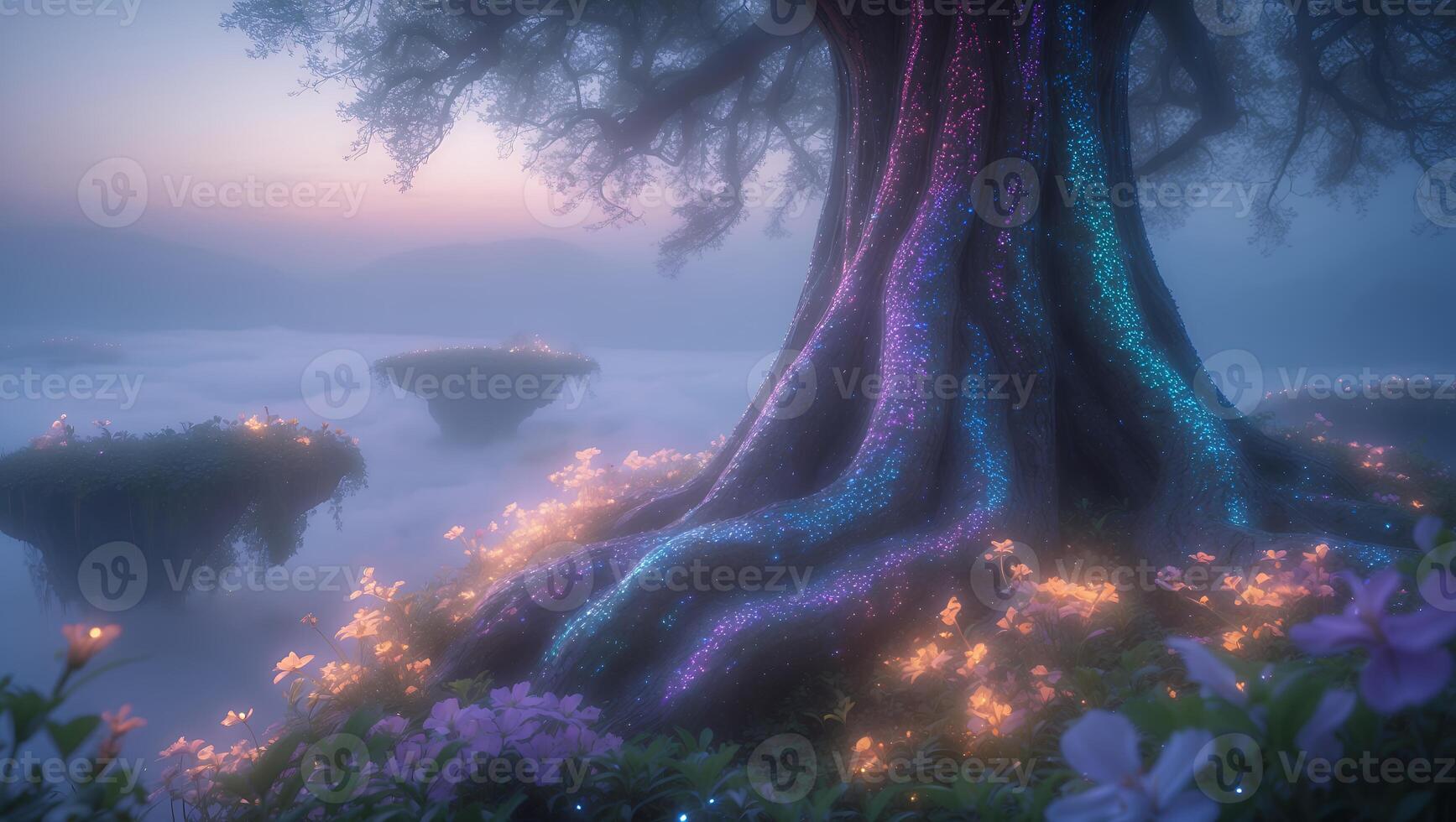 Magical Tree with Glowing Trunk and Flowers in Foggy Landscape photo