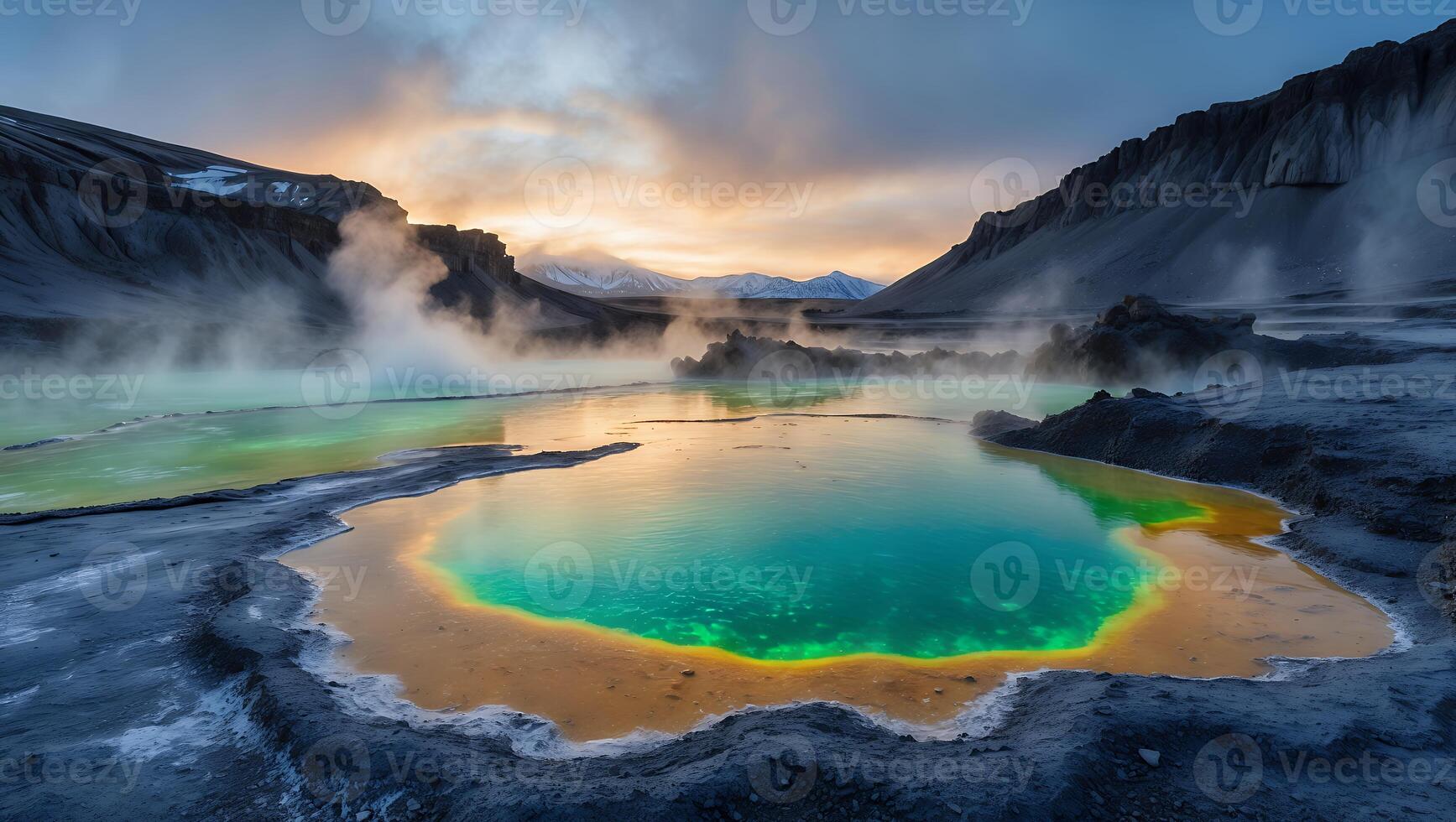 Hot Spring with Steam in Mountain Landscape photo