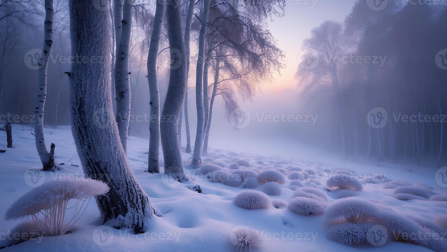 Winter Forest Scene with Snow Covered Birches and Fog photo