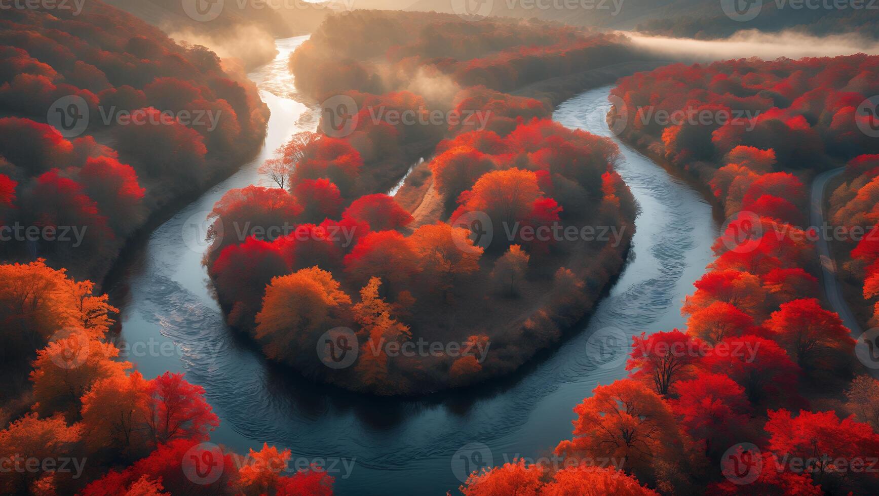 Autumn River Bend Landscape with Red and Orange Forest photo