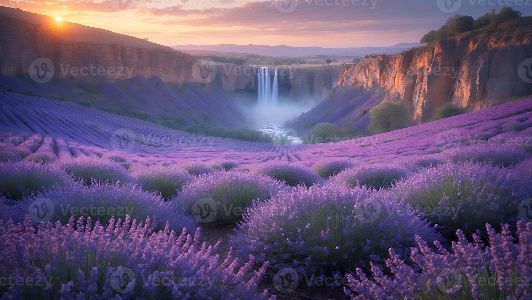 Lavender Field at Sunrise with Waterfall in Background photo