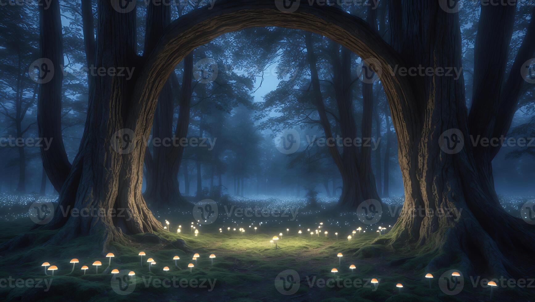 Mushroom on Forest Floor with Glowing Light photo