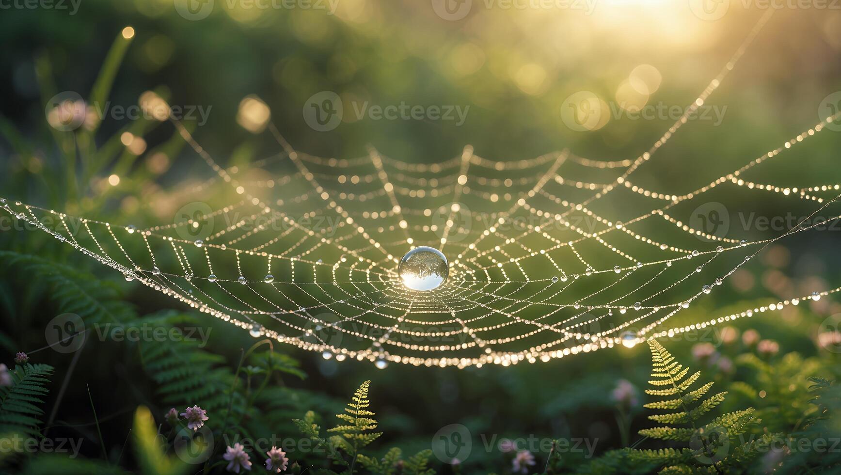 A spider web with dew drops on it photo