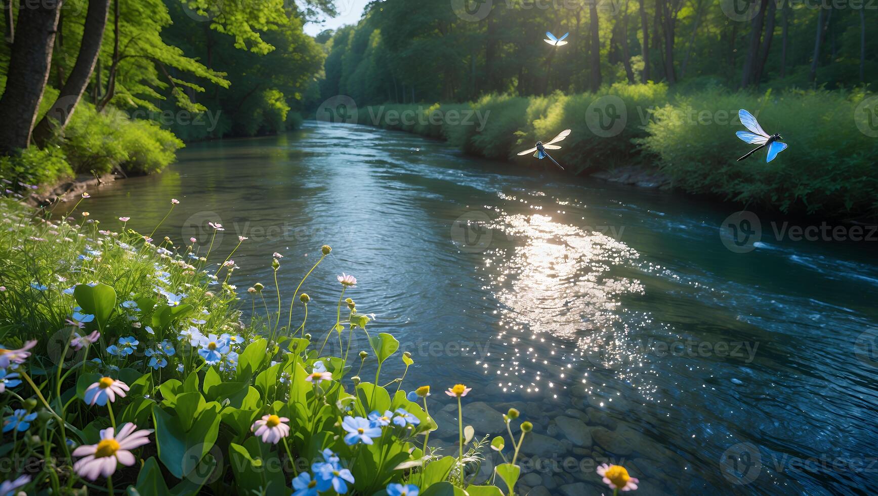 Dragonflies Fly Over a River Next to Flowers and Trees photo