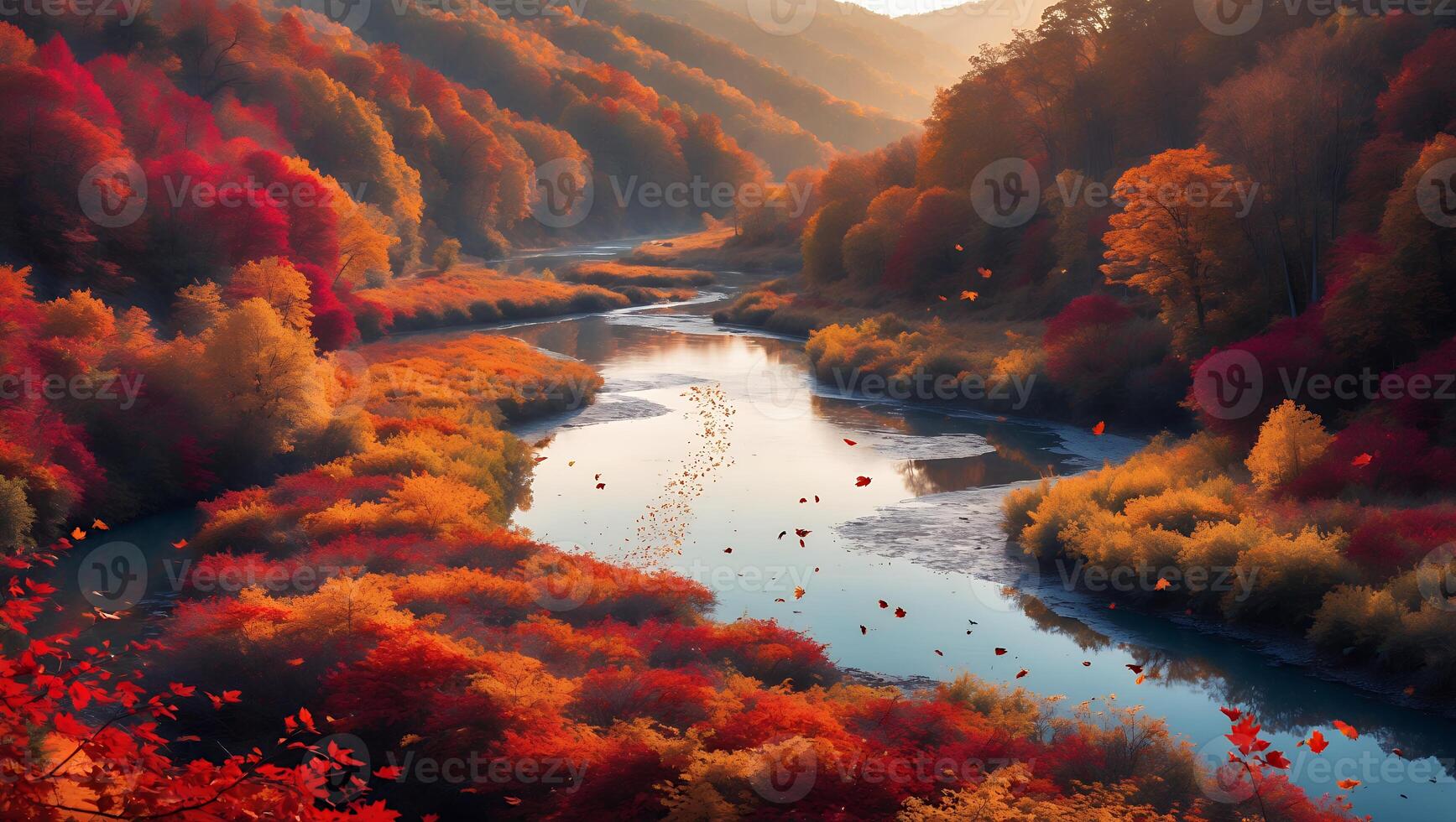 Autumn River Landscape with Falling Leaves in the Forest photo