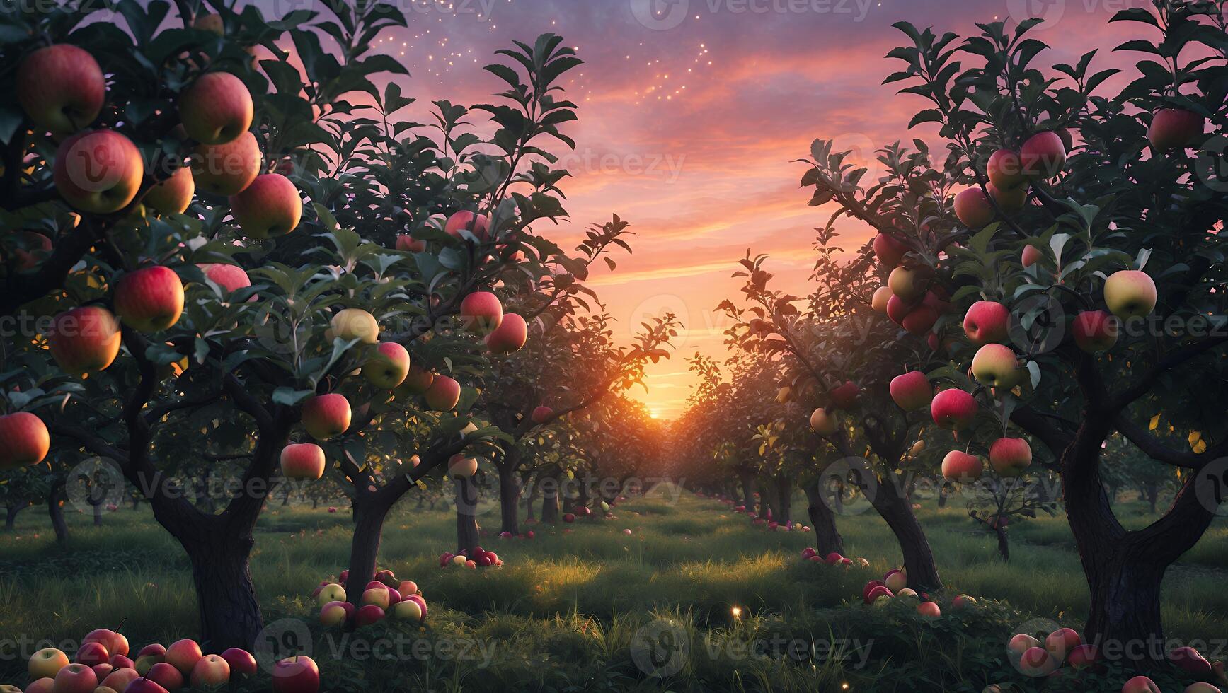 Apple Orchard at Sunset with Red and Green Fruit on Trees photo