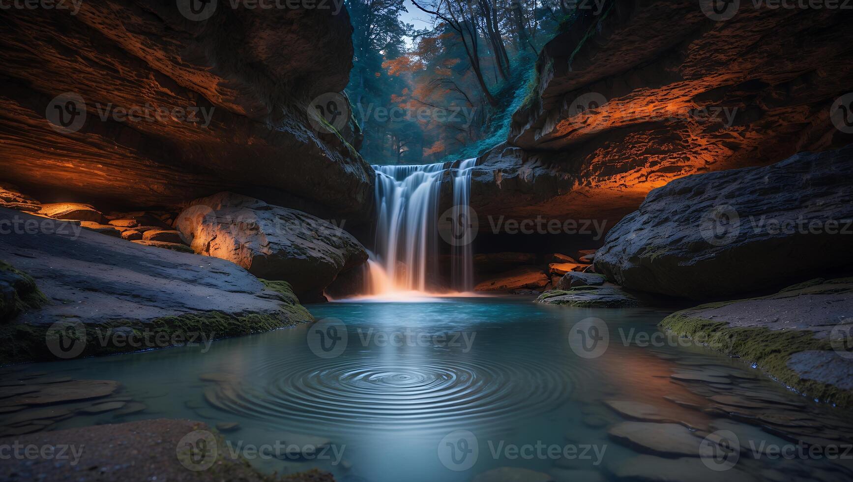 Waterfall in Grotto with Ripples in Pool photo