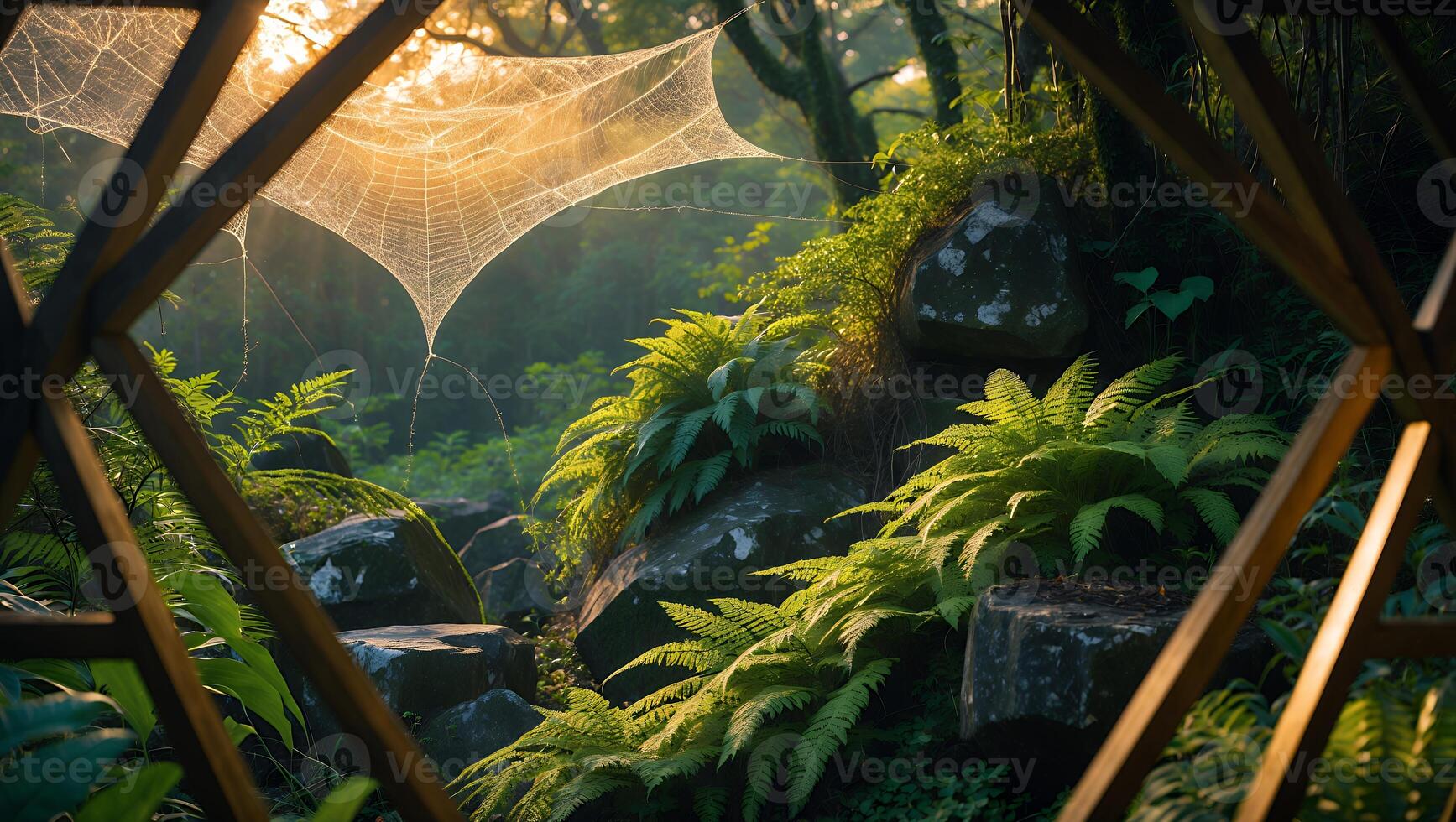 Cobweb in Forest Glade with Ferns and Wooden Structure photo