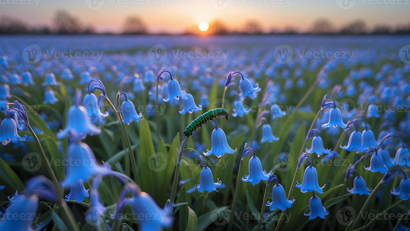 Bluebell Flower Field at Sunset with a Caterpillar photo
